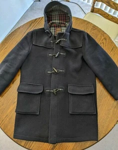 VTG Goodwood Mens 44 Navy Plaid Lining Hood Toggle Wool Duffle Coat Made England - Picture 1 of 11