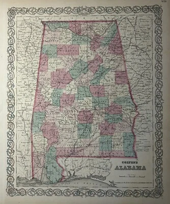 Mapa antiguo original coloreado a mano de Colton's Alabama 1870 17" x 14" Foto 1 de 3