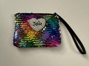 Justice Heart Rainbow Sequin Coin Purse Holder Wallet Wristlet 3.5" x 5"  J29 - Picture 1 of 3