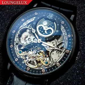 Herren Dual Time Schwungrad Skelett Automatik Mechanische Uhr Schwarz Lederband - Bild 1 von 12