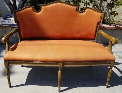 1930s Antique Loveseat Walnut French Style Wing Carved Back Frame & Nail Heads Cover
