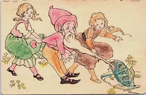 Fish Grabs a Gnome's Beard Girls Watch Dwarf Vintage Postcard C200 - Picture 1 of 2