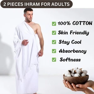 2 PIEZAS TELA HAJJ IHRAM PARA HOMBRE ADULTO TOALLA UMRAH HAJJ 100% ALGODÓN PURO IHRAM - Imagen 1 de 27