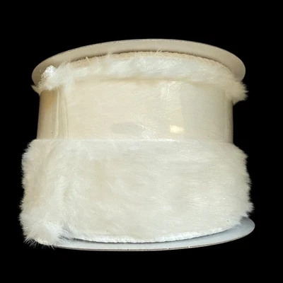 White Celebrate It Wired Faux Fur Ribbon 2.5" X 15 Ft Polyester Christmas Craft - Image 1 of 4