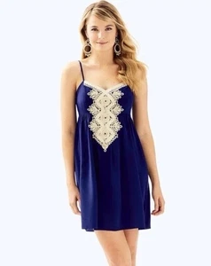 Lilly Pulitzer Damen Kelsea Seidenkleid Gr. 10 Marine Gold Stickerei Preppy Neu - Bild 1 von 8