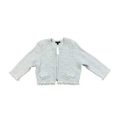 Cárdigan Suéter ANN TAYLOR Texturizado Flecos Gris Claro Plateado Metálico Brillante L Foto 1 de 4