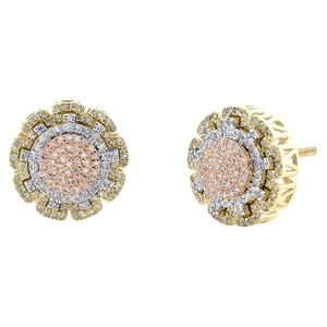 10K Tri-Color Gold Real Diamond 12mm Spoked Wheel Circle Stud Earrings 0.31 CT - Picture 1 of 5