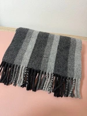 GANT 100% lambswool black and grey striped tasseled scarf - Image 1 of 4