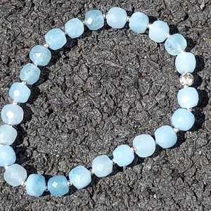 Aquamarine 7mm Cubes With 925 Sterling Silver Spencer Stretching Bracelet - Picture 1 of 7