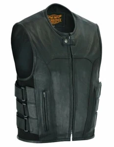 Mens Swat Team Style Blk Leather Vest elastic straps Cow Leather 2 Gun pockets - Picture 1 of 7