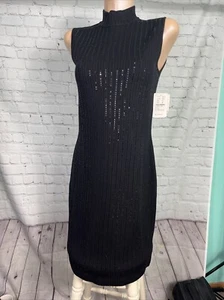 St. John Evening sz 8 Black Santana Knit Mock Neck Tank Dress Paiettes NWT - Picture 1 of 8