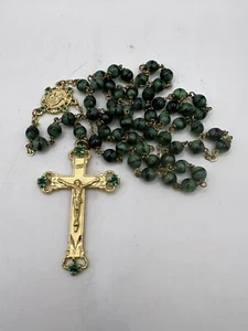 St Patrick Irish Rosary Green Art Marbled Glass Beads Shamrock - Picture 1 of 5