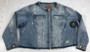 One 5 One Jacket Womens 3X Blue Denim Full Zip Stone Washed Distressed New - Picture 1 of 12