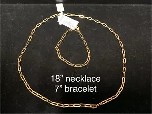18k Gold Over Sterling Silver 18” Paperclip Chain Necklace & 7” Bracelet - Picture 1 of 8