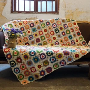 Floral Multicolor Hand Crochet Blanket Hippie Flower Home & Living Decoration - Picture 1 of 5