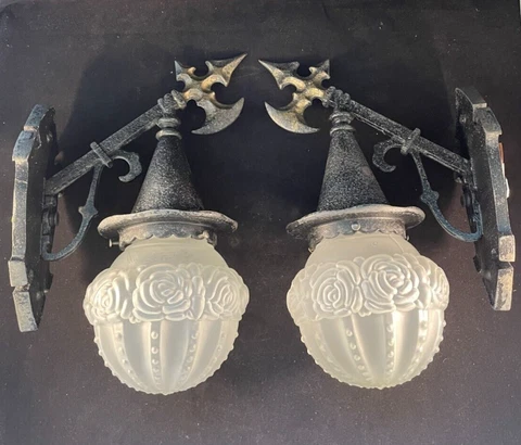 pair 1930s Arts and Crafts hammered Gothic wall sconces Cover