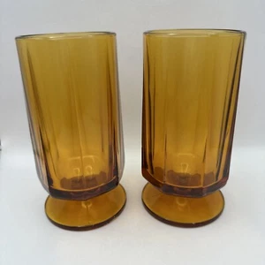 2 calici acqua tè ghiaccio ambra con piedi Colony Glass Nouveau MCM da 6,25” vintage 12 oz - Foto 1 di 6