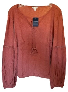 Lucky Brand Women's Boho Blouse Top Long Sleeve Cotton Modal w/Lace Size S Brick - Picture 1 of 8