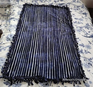 Tiedye Stripe Tonal Navy Pinstripe Handmade Tie Blanket Oversize Throw 40"X 60"  - Picture 1 of 7