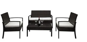 4PCS Patio Rattan Wicker Furniture Set Cushioned Chair Glass Table Top Garden - Picture 1 of 9