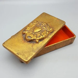 Jaru California Pottery Trinket Box Gold Tone Distressed w/ Label, Orange Inside - Picture 1 of 12