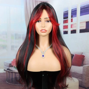 and red dyed long hair woolen Wig woman full head cover figure-eight bangs black - Bild 1 von 9