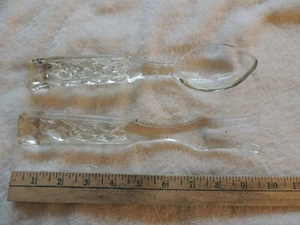 Vtg Clear Glass 9.5" Serving Fork And Spoon Set Embossed Diamond Pattern Handles - Picture 1 of 2
