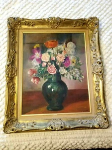 BEAUTIFUL O/B FLORAL STILL LIFE PAINTING FLOWERS IN VASE signed E HOPE ca 1940's - Picture 1 of 8
