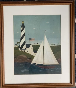 Warren Kimble Folk Art Nautical Ocean Sailing Ship Boat Lighthouse Framed - Picture 1 of 5