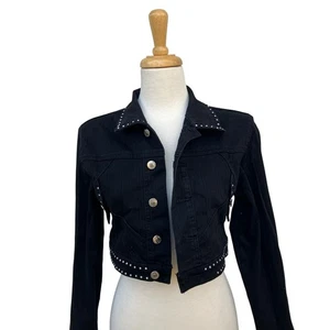 Judy Blue Denim Jacket 33” Chest Black Rhinestone Stretch Western Cropped Casual - Picture 1 of 11