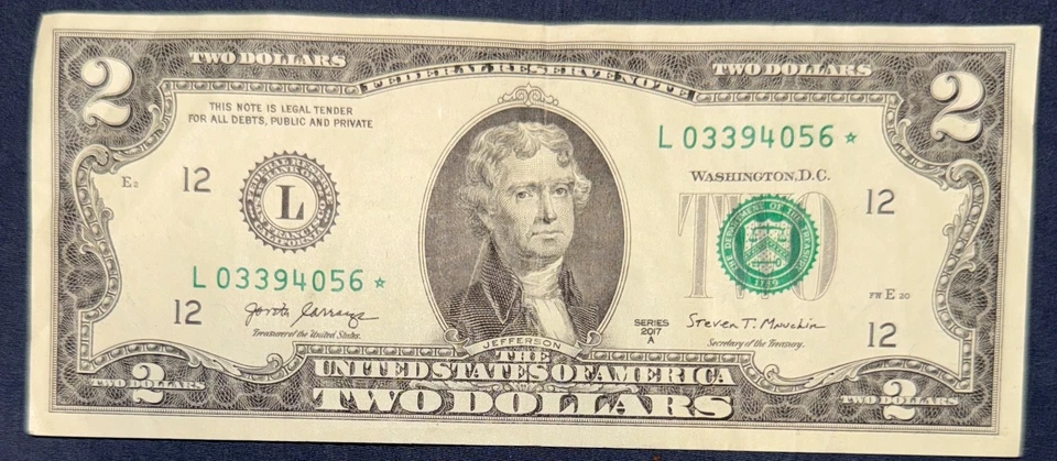 Rare Two Dollar Bill Star Note 2017 Federal Reserve $2 United States- Low Serial - Image 1 of 1