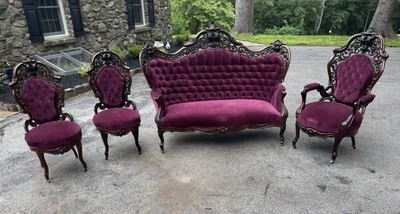 J. & J. W. MEEKS 4 PIEZAS. JUEGO DE SALÓN DE PALISANDRO LAMINADO PATRÓN HALWKINS Foto 1 de 4