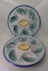 Lot de 2 assiettes à huîtres Saint Clément - Majolique française bleue / verte - Photo 1/10