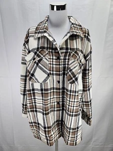 NUEVO CON ETIQUETAS HFX Mujer Talla Grande Beige y Marrón Franela Botón a Presión Camisa Chaqueta - Imagen 1 de 6