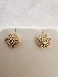 14 Kt Flower Stud Earrings. .40 Ct Diamond Brilliant Cut NEW - Picture 1 of 9