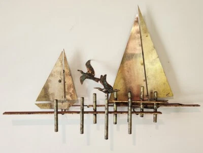 C. Jere Sailboat Pier Metal Brass Wall Art Seagulls Dock Sculpture 22x16 Signed - image 1 of 4