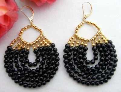 Natural 4mm Black Agate Round Beaded Drop Dangle Gold-plated Leverback Earrings - Image 1 of 4