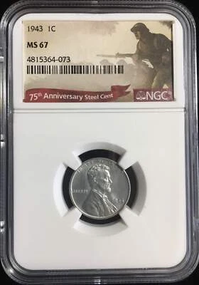 1943-P Lincoln Steel Wheat Cent NGC MS67 1C, 75th Anniversary Steel Cent Holder! - Image 1 of 4