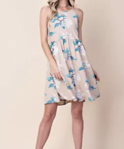 Kori America Sand & Turquoise Floral Crepe Dress With Tie Summer Tropical Large - Picture 1 of 5