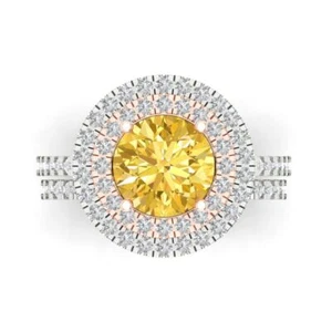 2.95ct Round Cut Halo Yellow Promise Bridal Ring Band set 14k White Rose Gold - Picture 1 of 5
