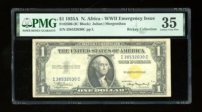 DBR 1935-A $1 North Africa Silver Fr. 2306 IC Block PMG 35 Serial I38532030C - Image 1 of 2