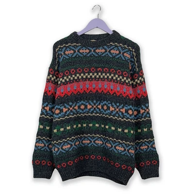 Maglione Vintage 50% lana a girocollo Made in Italy blu e rosso a fantasia - Tag - Immagine 1 di 4