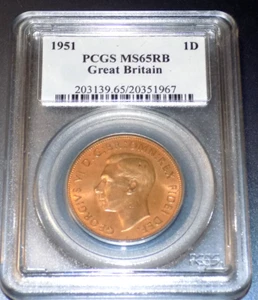 Gran Bretaña 1951 1 centavo graduación profesional MS 64 RB Inglaterra 1P moneda británica certificada UNC - Imagen 1 de 4