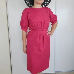 VINTAGE Leslie Fay Union Made Fuchsia Puff Sleeve Belted Dress 1970s Lady - Picture 1 of 20