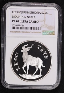 EE1970 (1978) 25 BIRR ETHIOPIA MOUNTAIN NYALA SILVER - NGC PF 70 UC - Picture 1 of 3