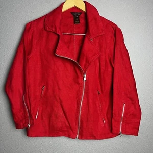 Multiples 100% Linen PM Jacket Red Asymmetrical Zip Lightweight Biker Shacket - Picture 1 of 14