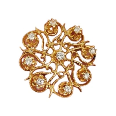 ANTIGUO BROCHE BUTTERCUP ORO AMARILLO MACIZO 18K 9 DIAMANTES TALLA BRILLANTE ESTADO Foto 1 de 4