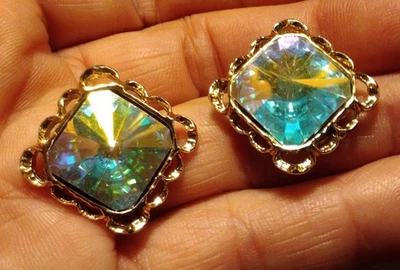 AURORA BOREALIS AB CRYSTAL RHINESTONE Stud EARRING Faceted Dome Gold tone Framed - Image 1 of 4