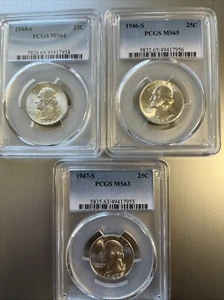 1944 S MS64, 1946 S MS65, 1947 S, MS63 Washington Quarter PCGS. - Picture 1 of 2