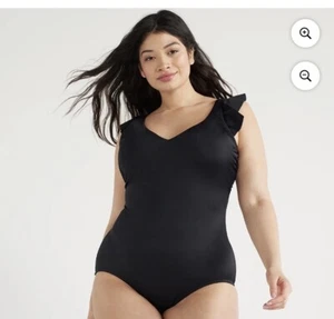 New Black 1 Piece Solid Swimsuit W Ruffle Full Coverage Adjustable Straps Beach - Picture 1 of 7
